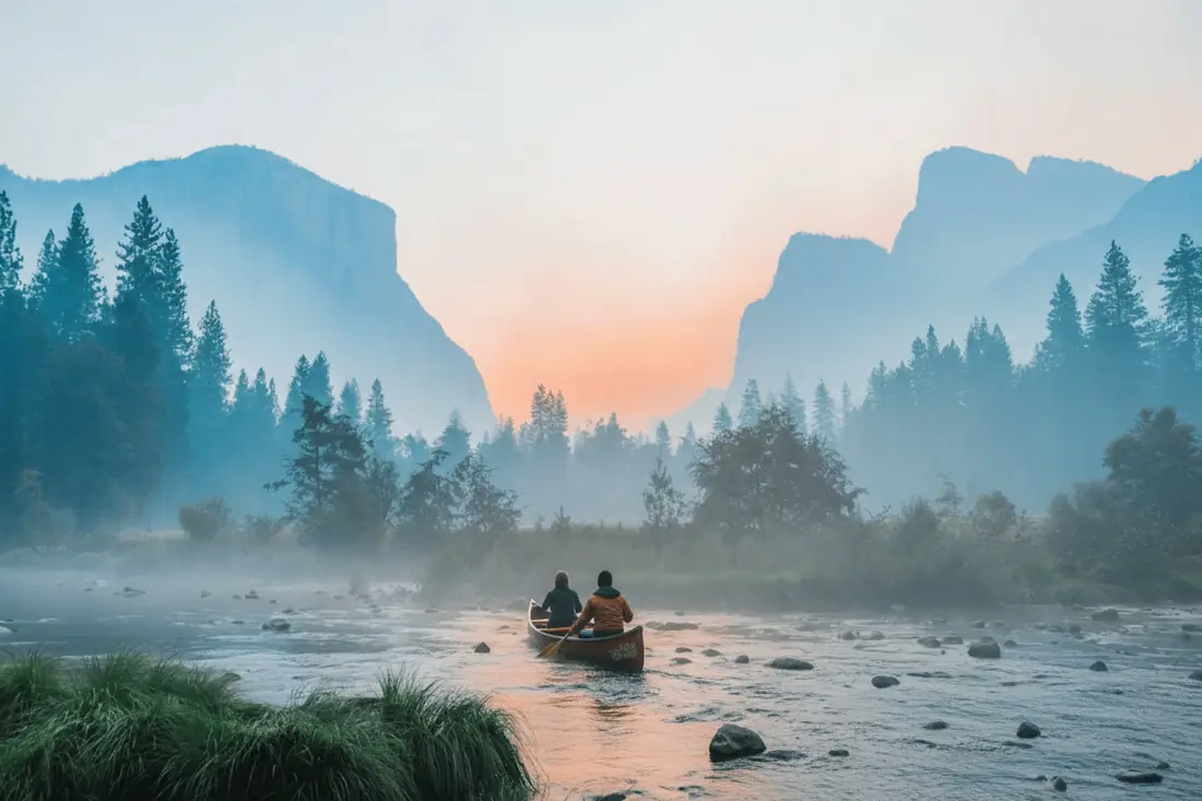 Two people canoeing a misty mountain river at sunrise