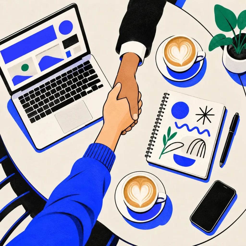 Coffee meeting with a laptop and sketchbook, shaking hands on a new project