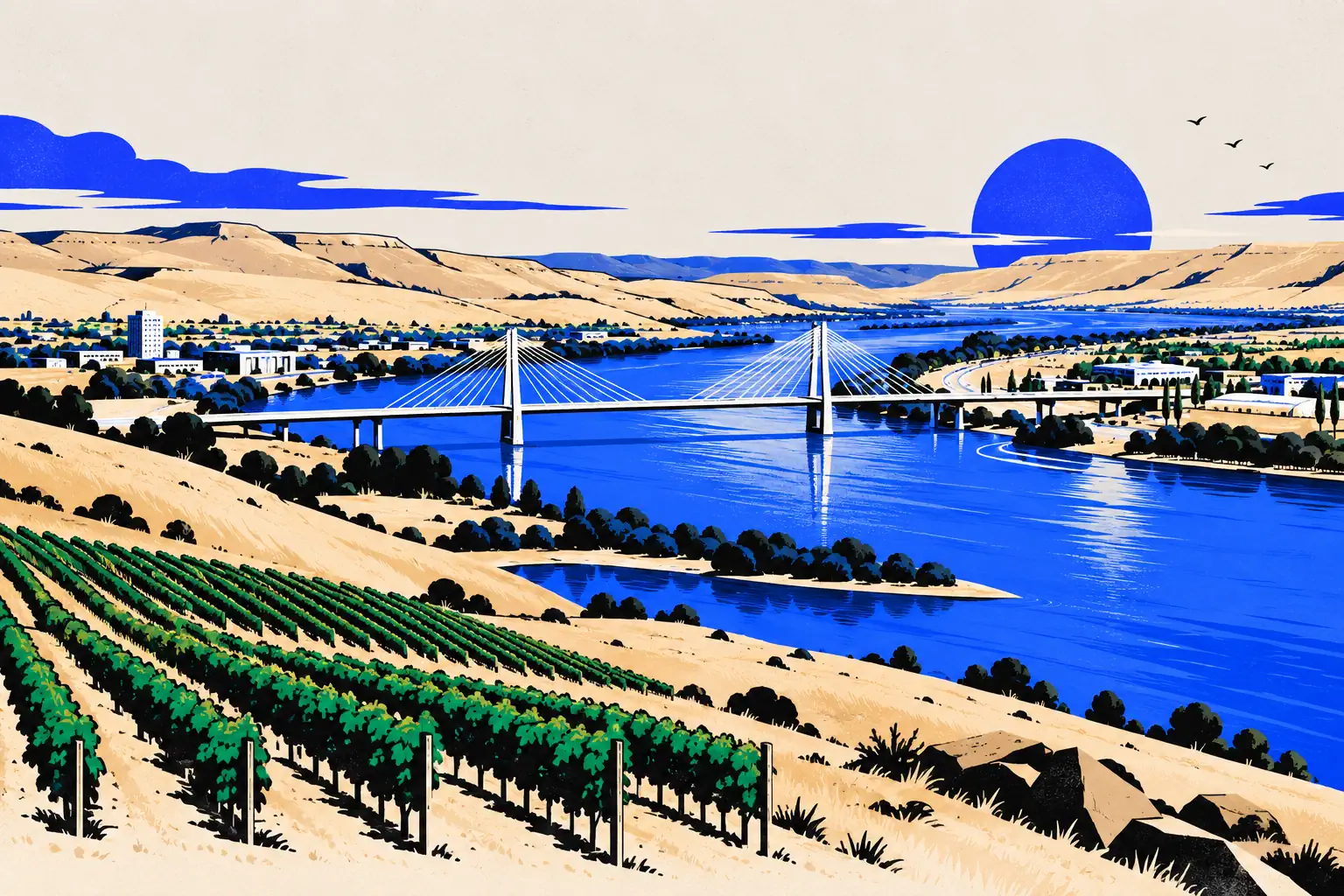 Illustration of the Tri-Cities with the Columbia River and cable bridge
