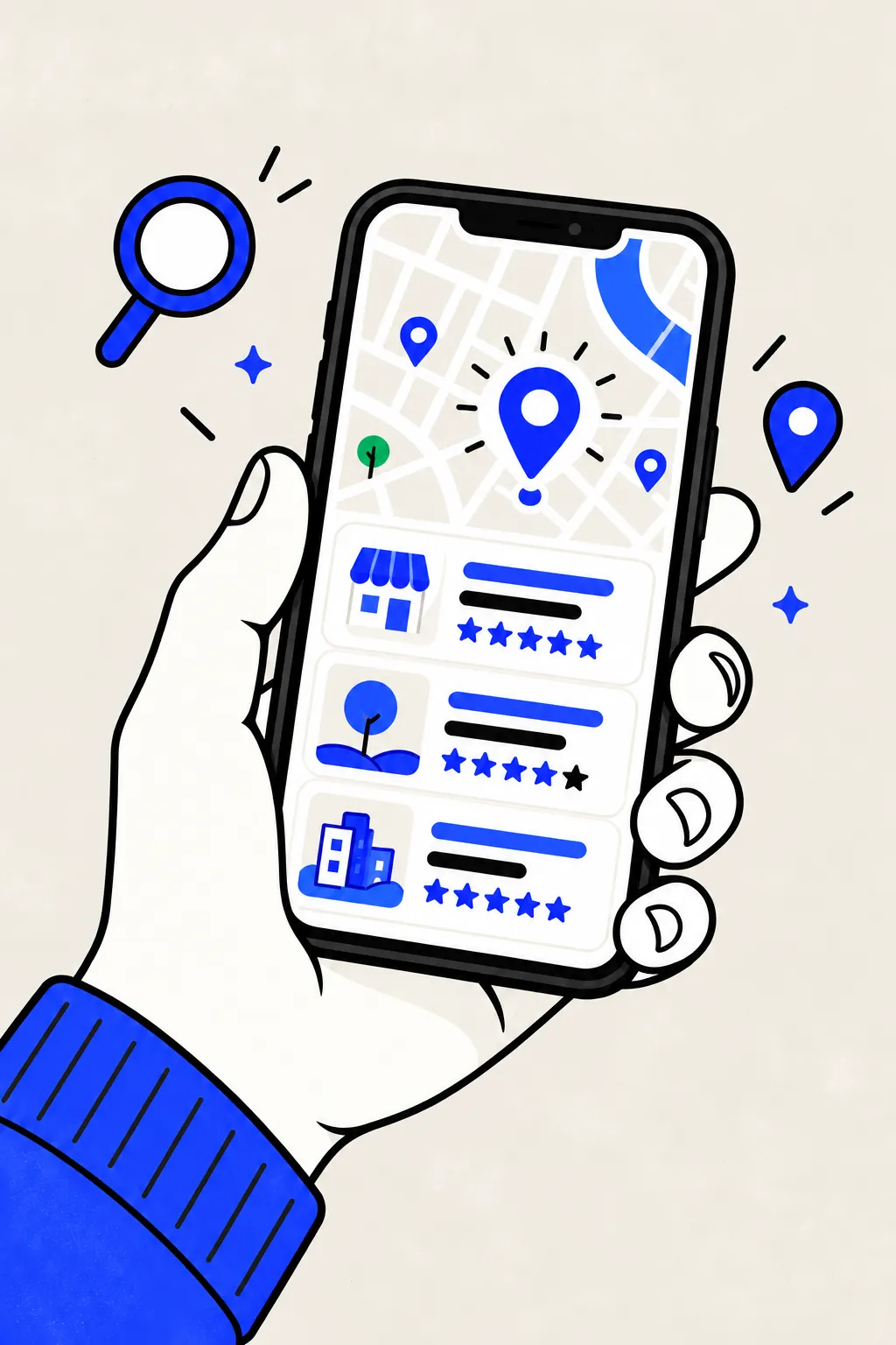 Phone showing local search results with map pins