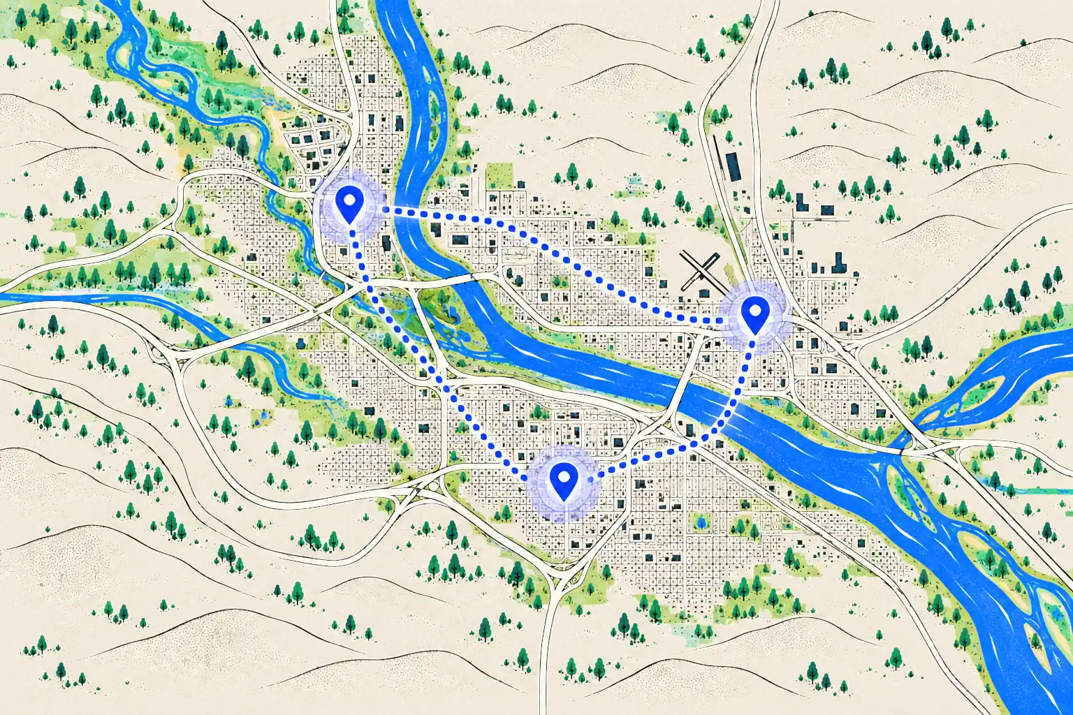 Illustrated map of the Tri-Cities, Washington showing Richland, Kennewick and Pasco along the Columbia River
