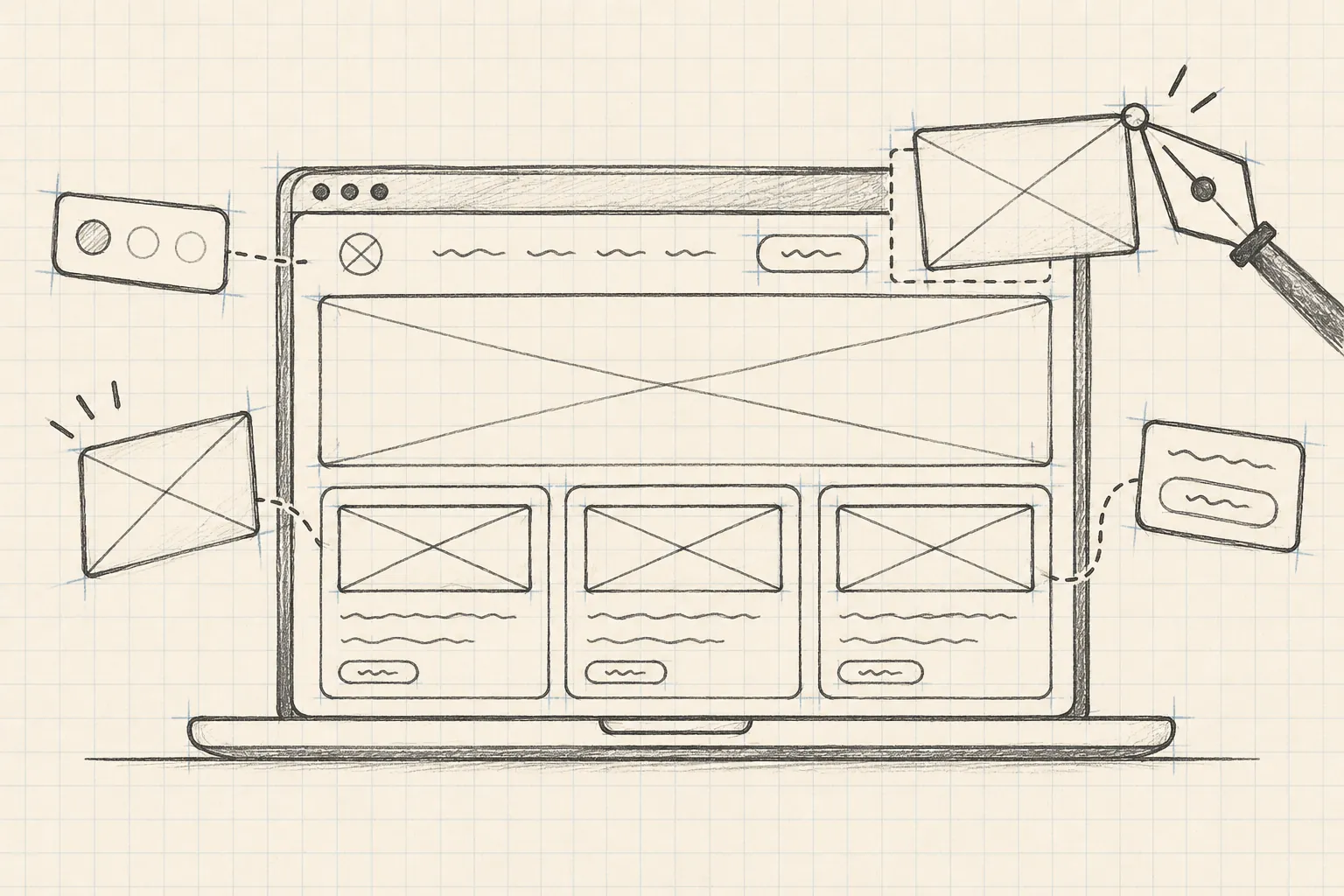Early pencil wireframe of the same website